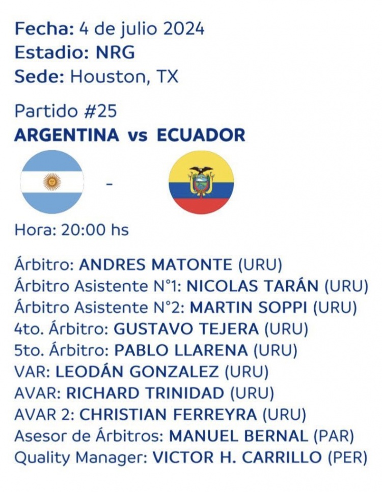 乌拉圭裁判马通特执法阿根廷vs厄瓜多尔，曾担任阿根廷vs智利主裁