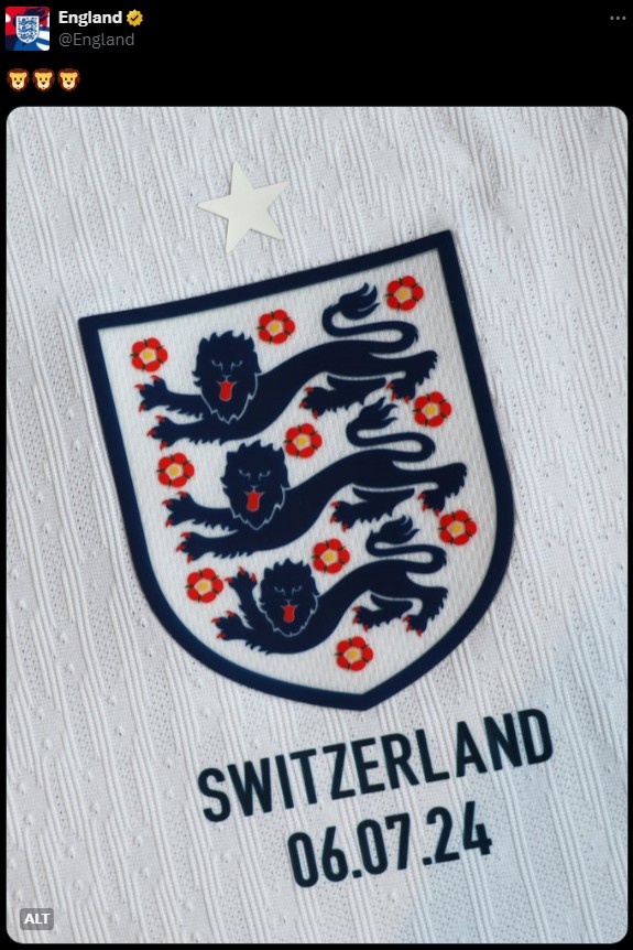  英格兰官推晒队徽，预热欧洲杯1/4决赛激战瑞士