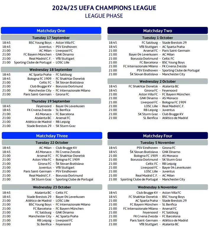 欧冠完整赛程出炉！首轮米兰vs红军、曼城vs国米、皇马vs斯图加特